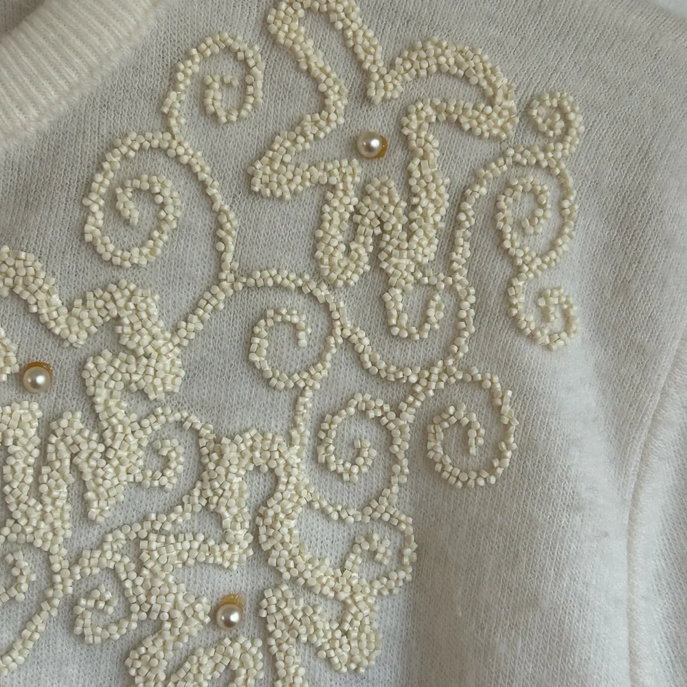 50s/60s Cream Beaded Cottagecore Cardigan Sweater Vintage Embellished - Picture 5 of 6